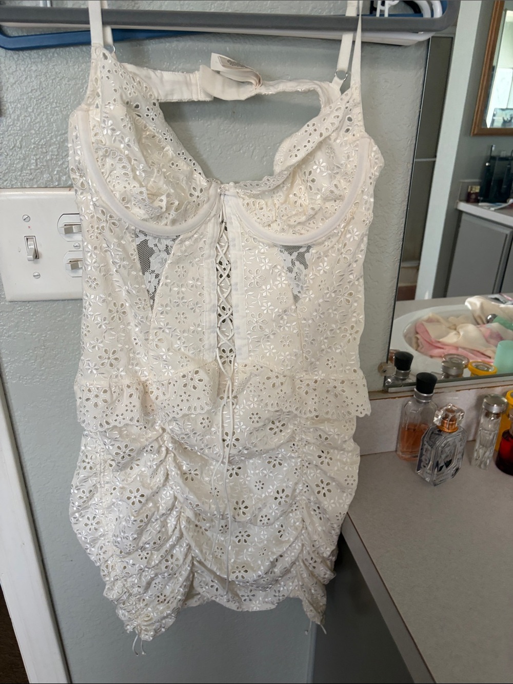 For Love & Lemons Cream Eyelet Lace Corset Mini Dress